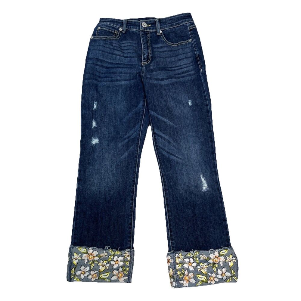 INC Denim Cuff Jeans Size 28 Floral Embroidered Raw Hem Cropped Boho Hippie